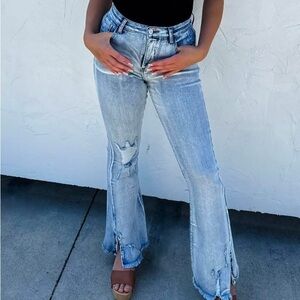 Trendy Light Blue Flare Jeans for Women 34 inch inseam